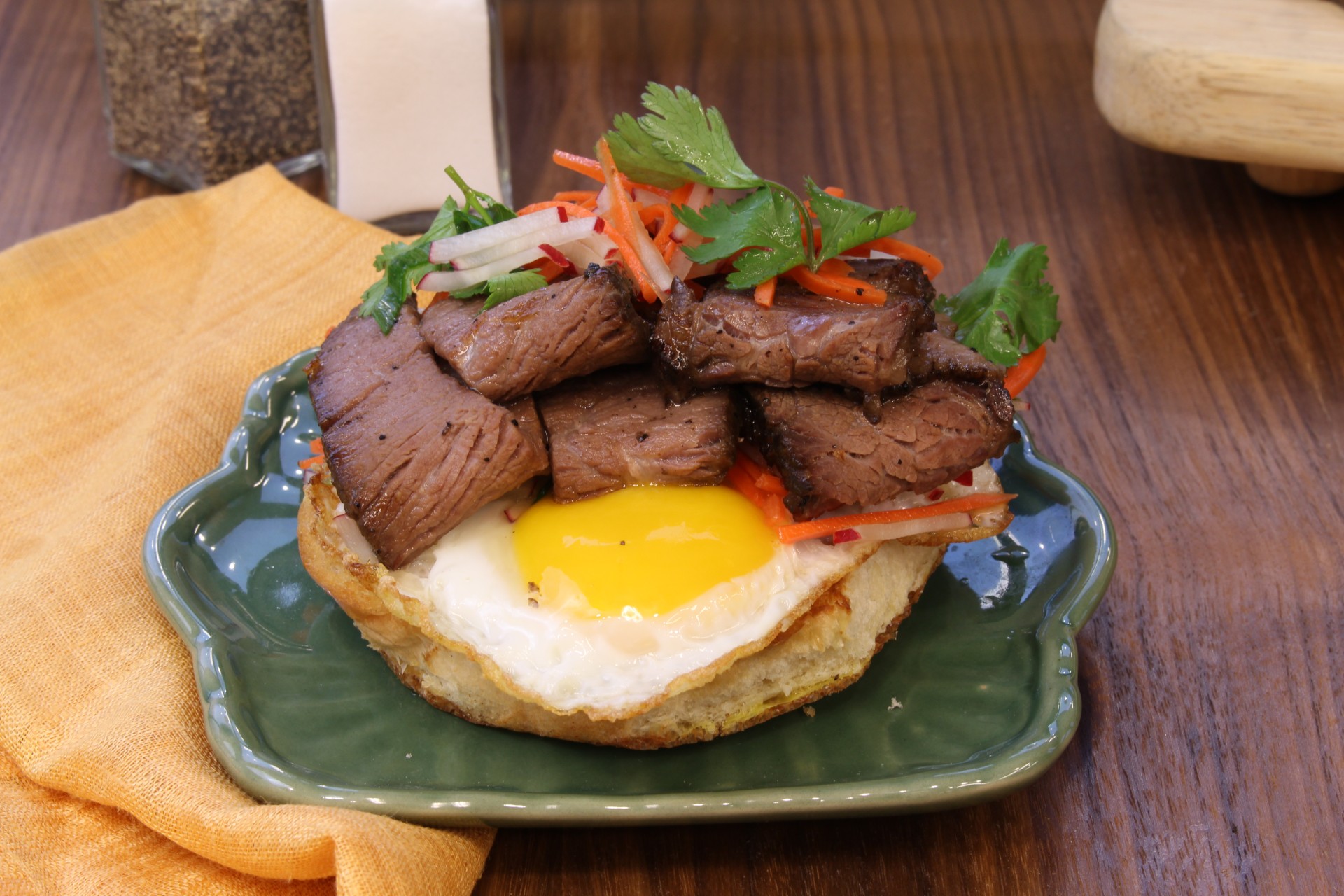 Seared Wagyu Beef Brisket on egg and english muffin