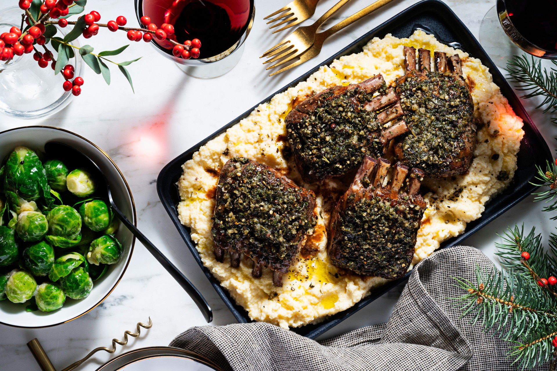 Racks of Lamb on mashed potatoes with Brussel sprouts